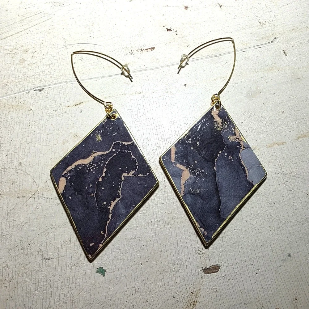 Handmade Abstract Wood Statement Earrings OOAK Galaxy Black Gold Metallic Dangle
